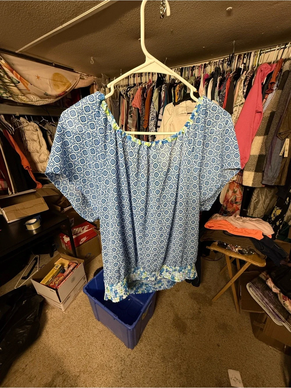 Abercrombie & Fitch Blue Printed Puff-Sleeve Tie-Neck Top
